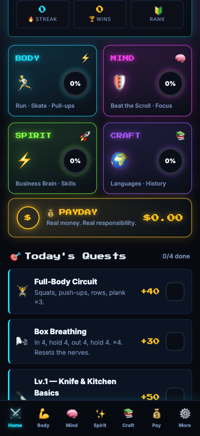 Home — neon HUD with live pillar progress rings