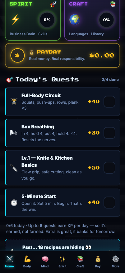 Quests + Mom's real-money Payday economy